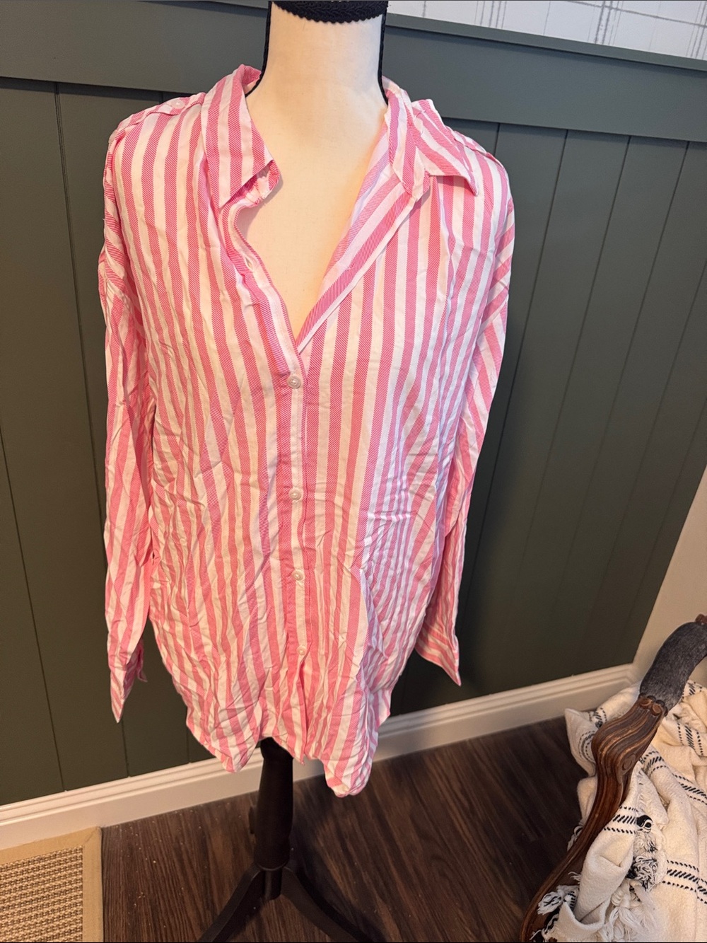 Fashion Nova Pink & White Striped Button-Down Shirt